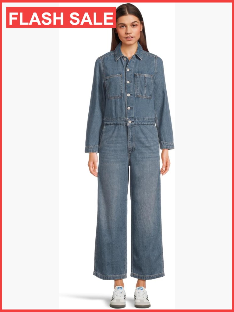 Iconic Relaxed Fit Jumpsuit With Hidden Waist Tie, Long Sleeve Linen+Denim